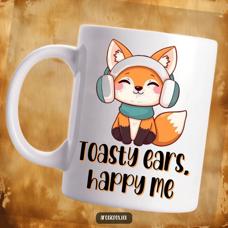 Funny Mugs: A content fox wearing fluffy earmuffs, radiating warmth and relaxation, perfect for cold mornings.