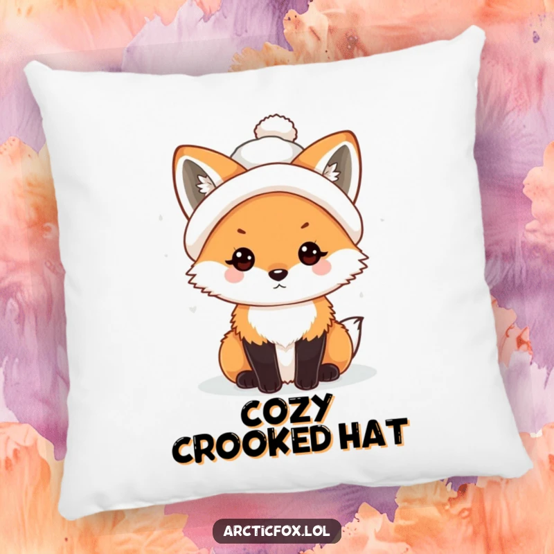 Funny Kawaii Arctic Fox Pillow featuring a snowball hat, offering comfort and winter humor.