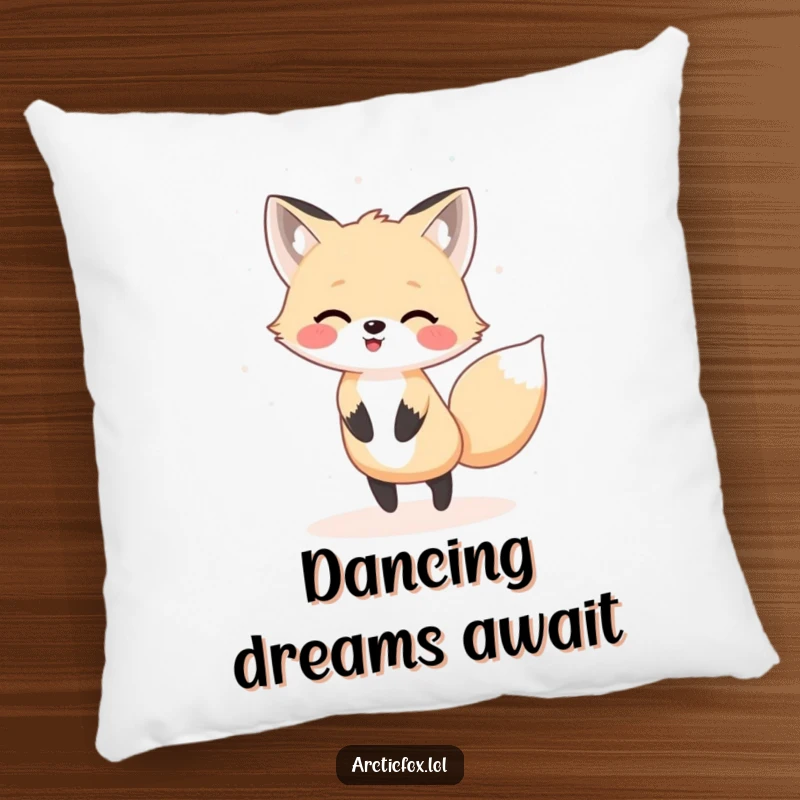 Funny Kawaii arctic fox dancing in a snow flurry, a soft and amusing pillow.