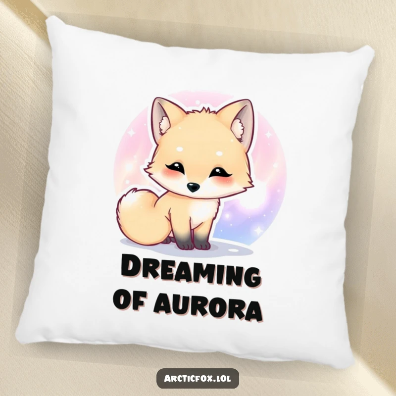 Funny Kawaii arctic fox pillow showing a cute fox curiously sniffing a colorful aurora.