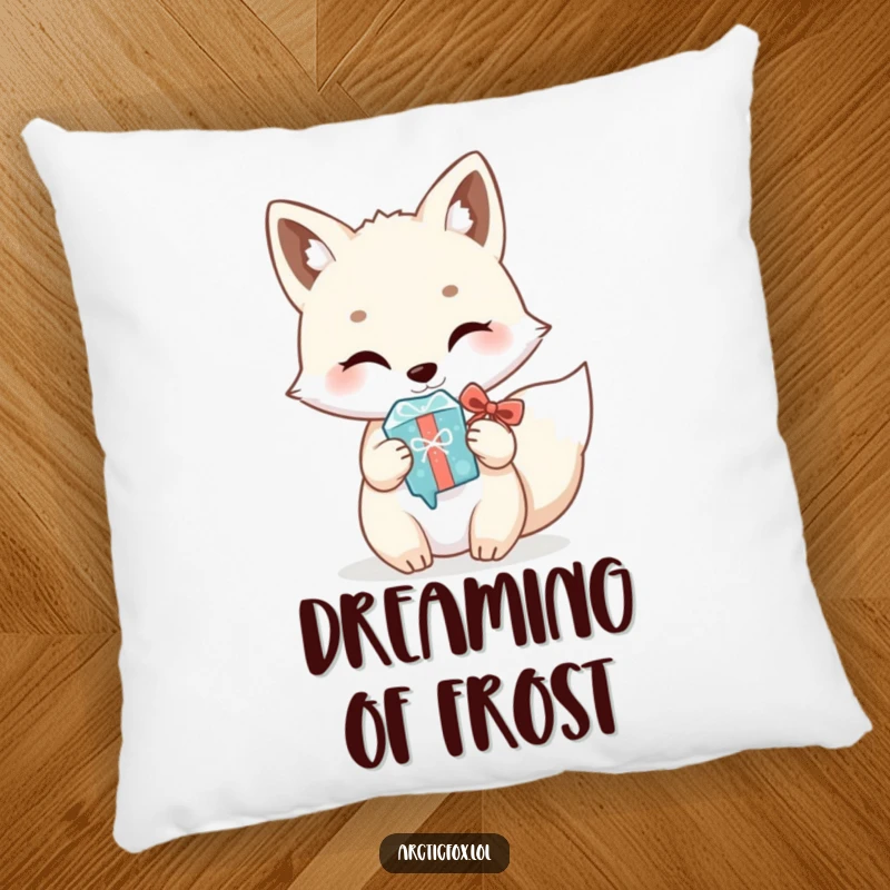 Funny Kawaii Arctic Fox Pillow: Soft cushion featuring a cute white fox humorously offering a shiny icicle as a gift, bringing cozy winter charm.