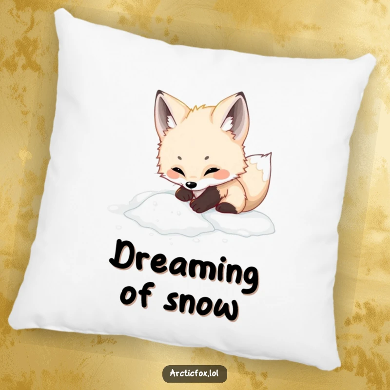 Funny adorable arctic fox pillow, showing a cute fox playfully digging in soft white powder, adding cozy charm.