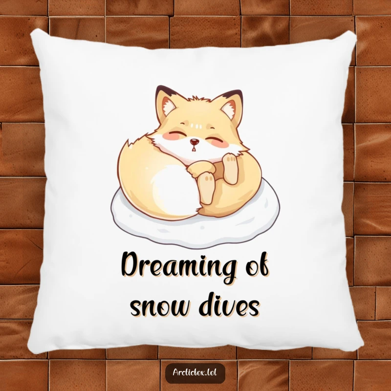 Funny Arctic fox pillow, showing a happy creature blissfully rolling in deep, soft snow, perfect for cozying up.