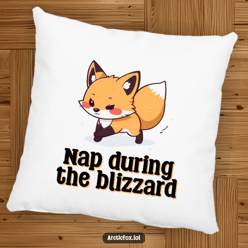 Funny pillow featuring a determined arctic fox bravely moving through a soft snow flurry, embodying quiet strength.