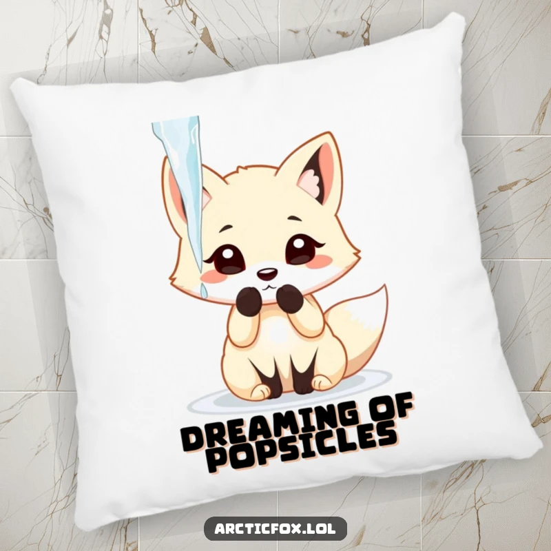 Funny arctic fox playfully batting at a dangling icicle with its paw, adorning a soft decorative pillow.