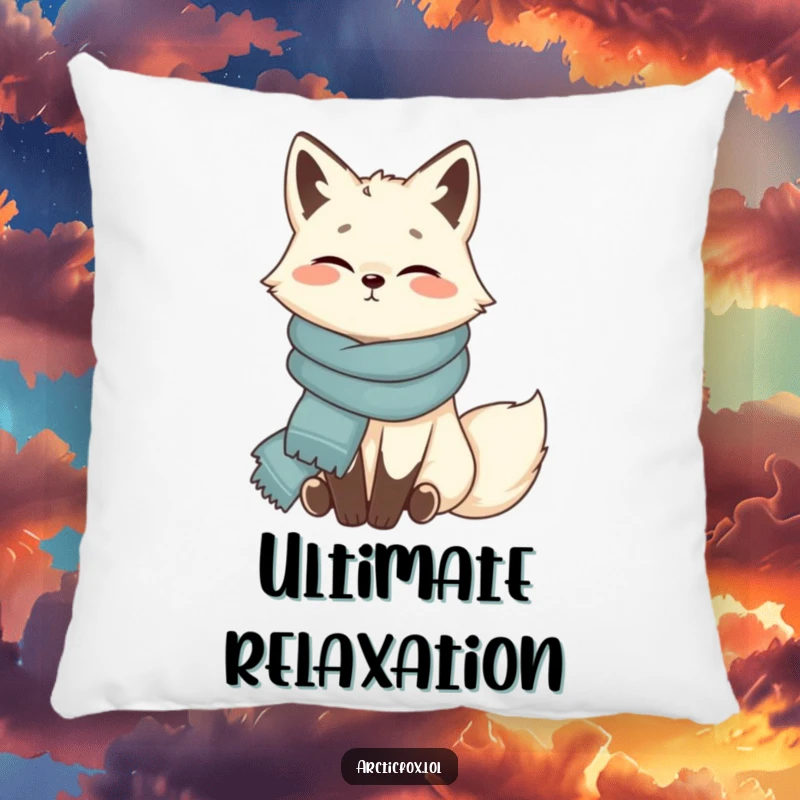 Funny Arctic fox pillow, contentedly wrapped in scarf, cozy and soft, perfect for relaxation, a comforting funny gift.