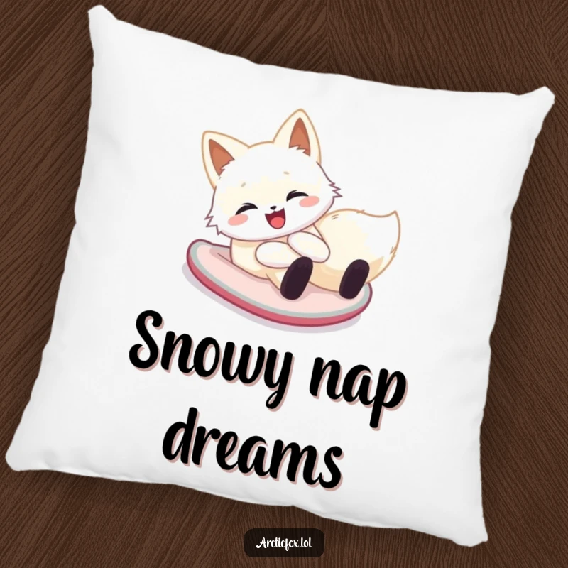 Funny arctic fox pillow featuring a happy creature cheerfully sliding down a snowy hill on its belly, perfect for cozy winter vibes.