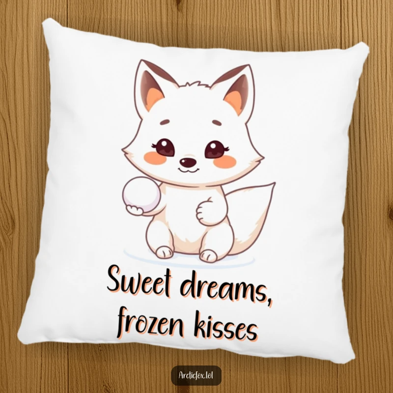 Funny Arctic fox pillow, offering a snowball with a beaming smile, adding a friendly and cozy touch.