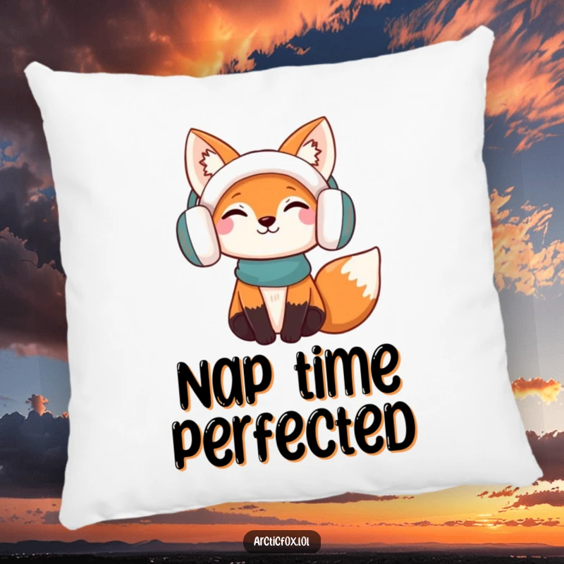Funny Pillow: A content fox wearing earmuffs, looking blissfully happy, perfect for adding cozy humor to any seating area.