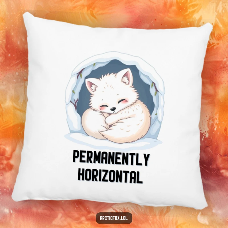 Funny Pillow: A content arctic fox is humorously curled up snugly in its snowy den, offering cozy comfort.