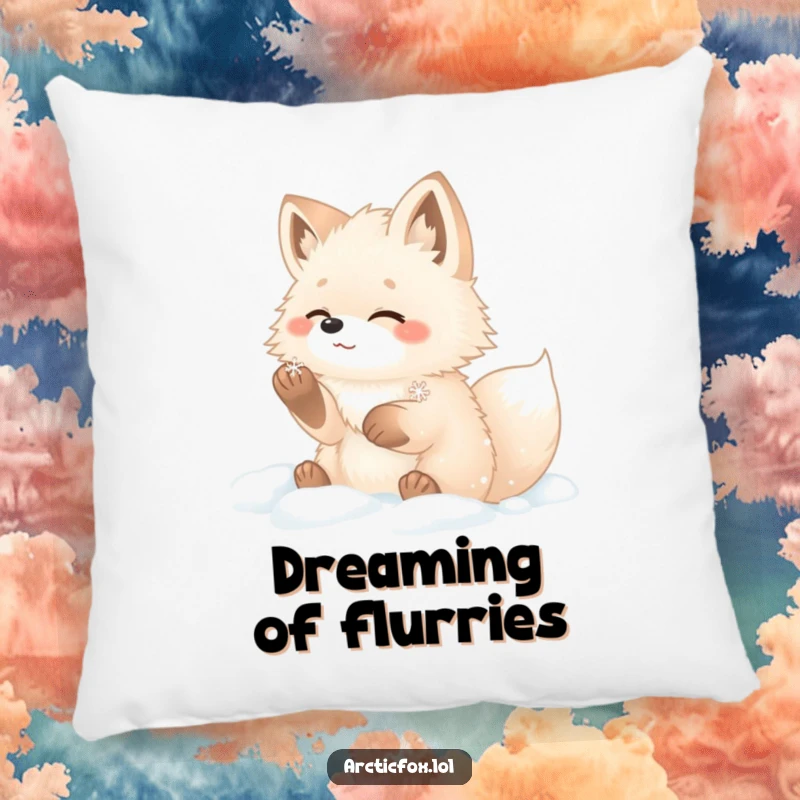 Funny arctic fox pillow depicting a fluffy fox with paws in snow, gleefully catching a snowflake.