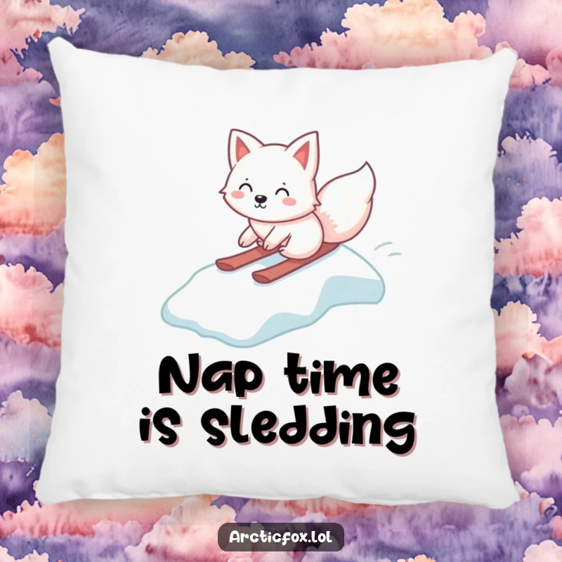 Funny Kawaii Arctic Fox Pillow, gleefully sliding down an icy slope, soft decorative cushion, humorous arctic animal design, fantastic funny gift
