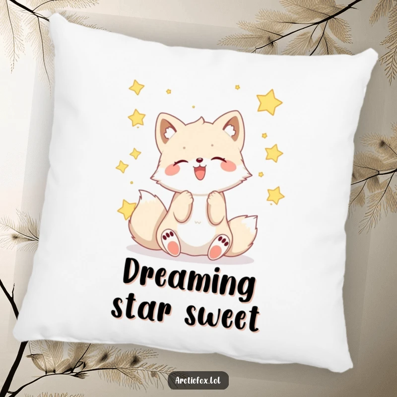 Funny Kawaii arctic fox catching falling stars, a soft and amusing pillow.