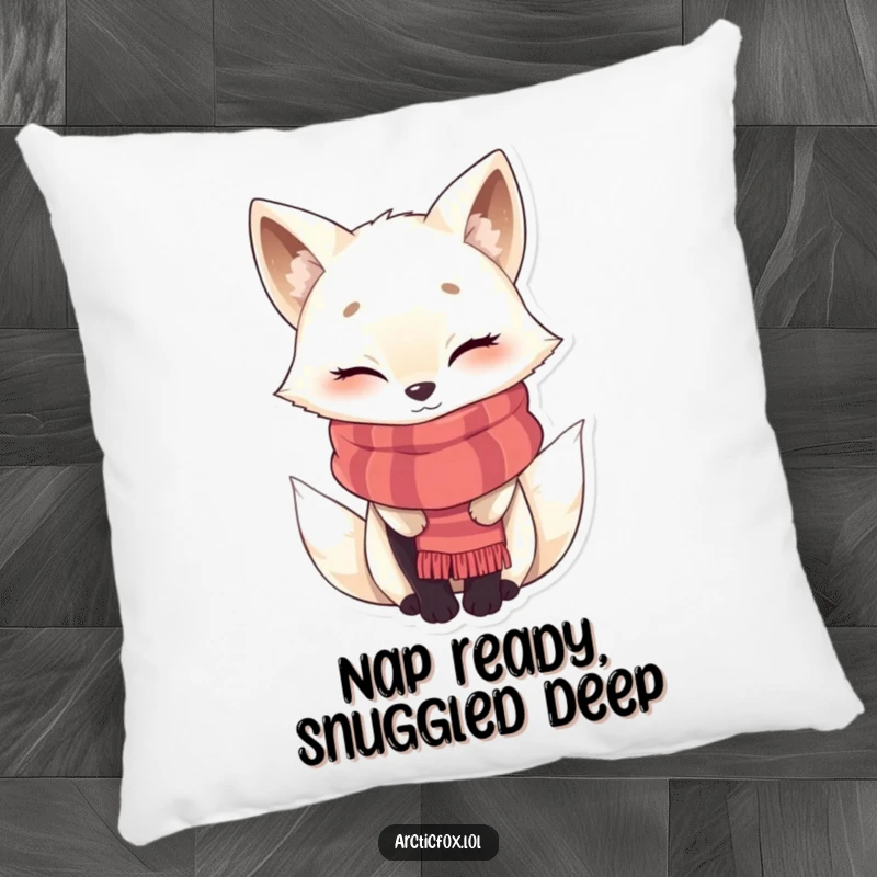 Funny cozy Arctic fox pillow, showing a winking character bundled in a scarf, offering comfort and playful arctic charm.