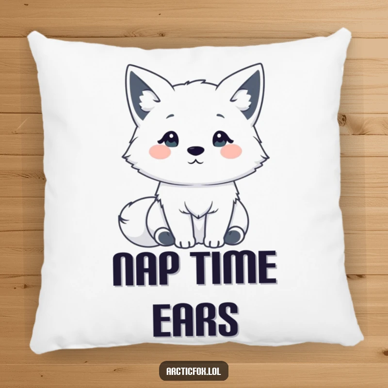 Funny Kawaii Arctic Fox Pillow: A cute Arctic fox with ears perked, listening intently, offering plush comfort and sweet charm.