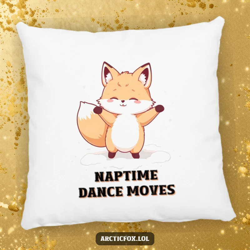 Funny pillow featuring a fluffy fox character doing a silly dance in soft snow, bringing cozy winter cheer.