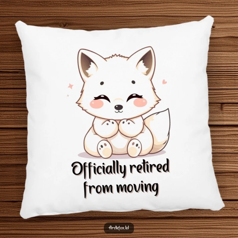 Funny Arctic fox pillow, showcasing a happy, tucked-paw fox emanating cozy warmth and serene happiness.