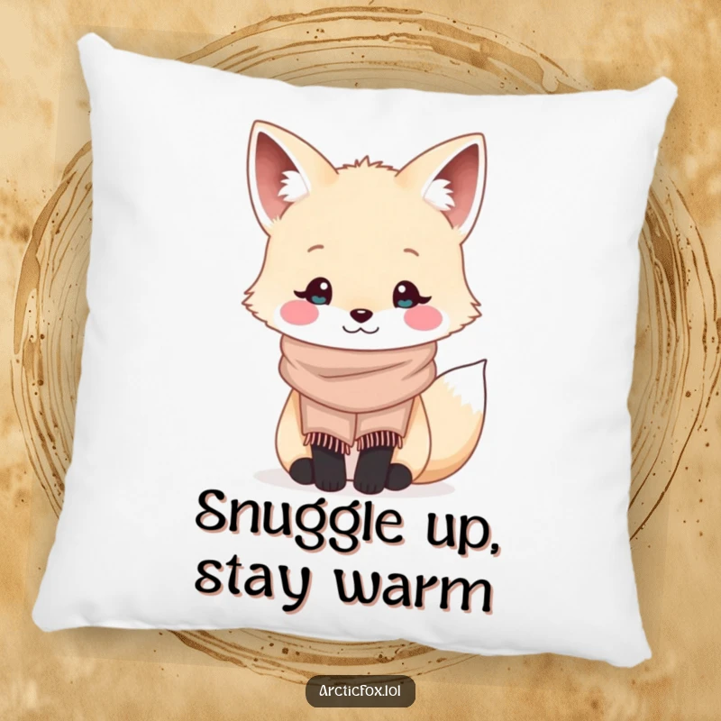 Funny kawaii arctic fox wearing a tiny cozy scarf and smiling, featured on a soft and comfy throw pillow.