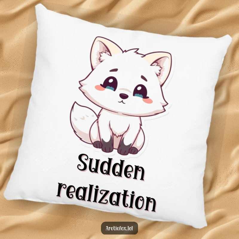 Funny Kawaii Arctic Fox Pillow: Soft cushion featuring a cute white fox adorably surprised with fluffy ears perked, bringing cozy humor.