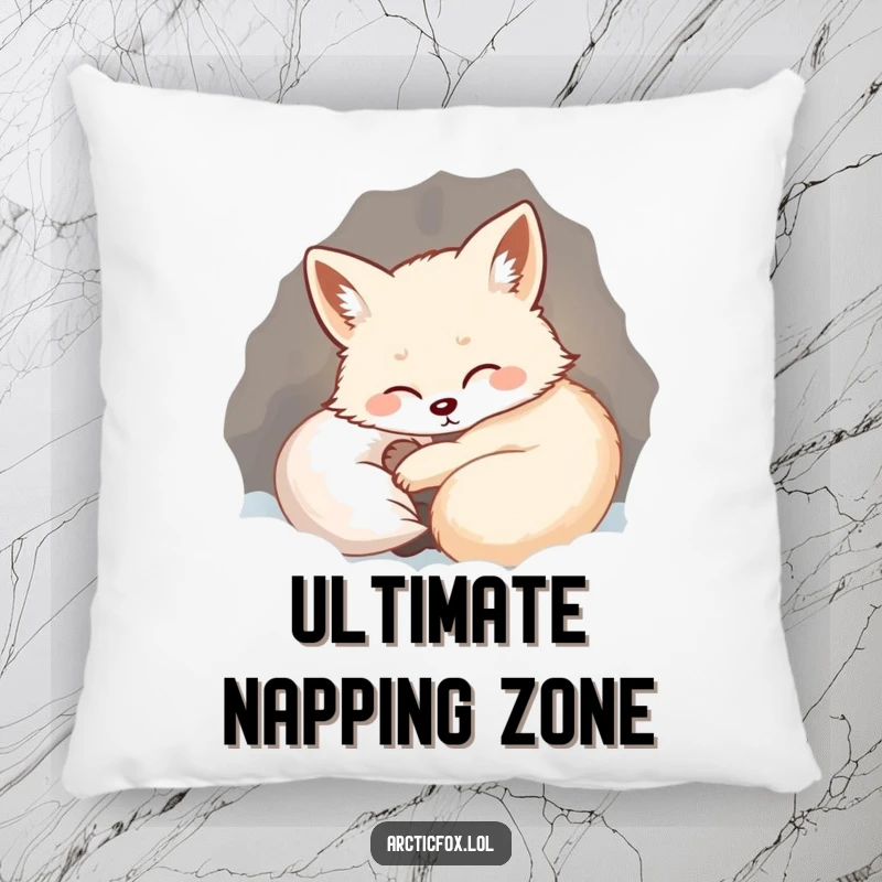 Funny pillow showcasing a happy arctic fox curled up in a warm, snowy den, releasing a contented sigh.