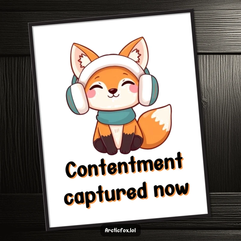 Funny Digital Art Print: A content fox with earmuffs, radiating joy, perfect for adding a humorous and cozy aesthetic.