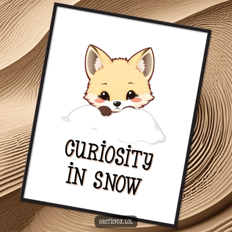 Kawaii Arctic fox with curious eyes peeking from snow, as a digital art print, ideal for cute decor.