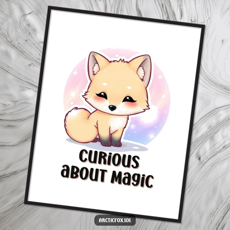 Funny Kawaii arctic fox digital art print of a cute fox curiously sniffing a colorful aurora.