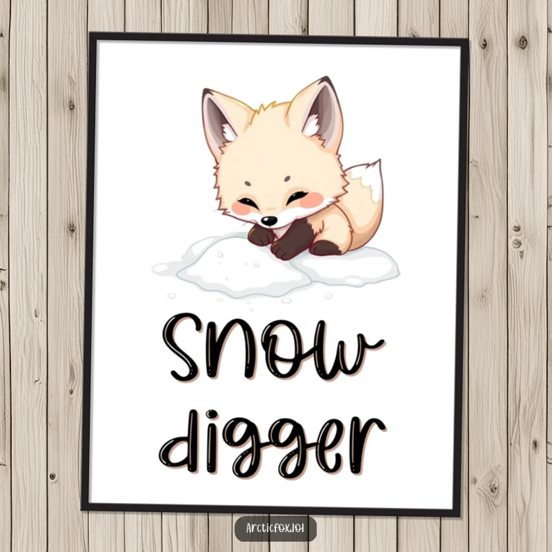 Funny adorable arctic fox digital art print, showing playful digging in fluffy white powder, a cute and joyful illustration.