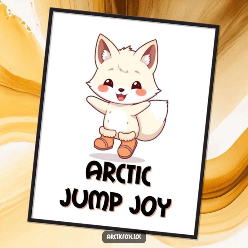 Funny Digital Art Print: An arctic fox wearing boots, joyfully leaping, perfect for adding energetic humor and winter charm.