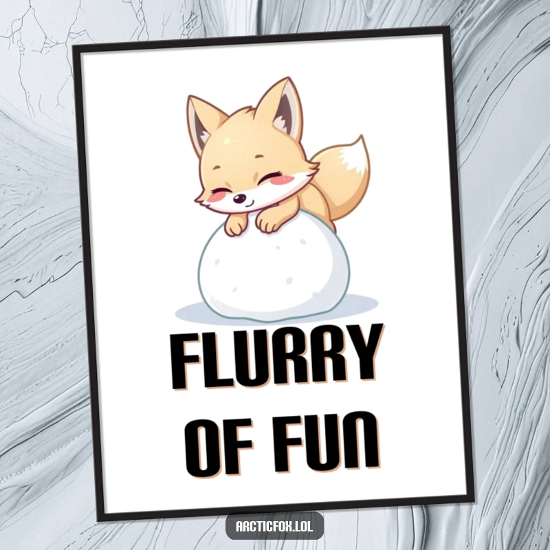 Funny arctic fox digital art print featuring a playful creature pouncing with delight on a ball of soft snow, perfect for instant winter fun.