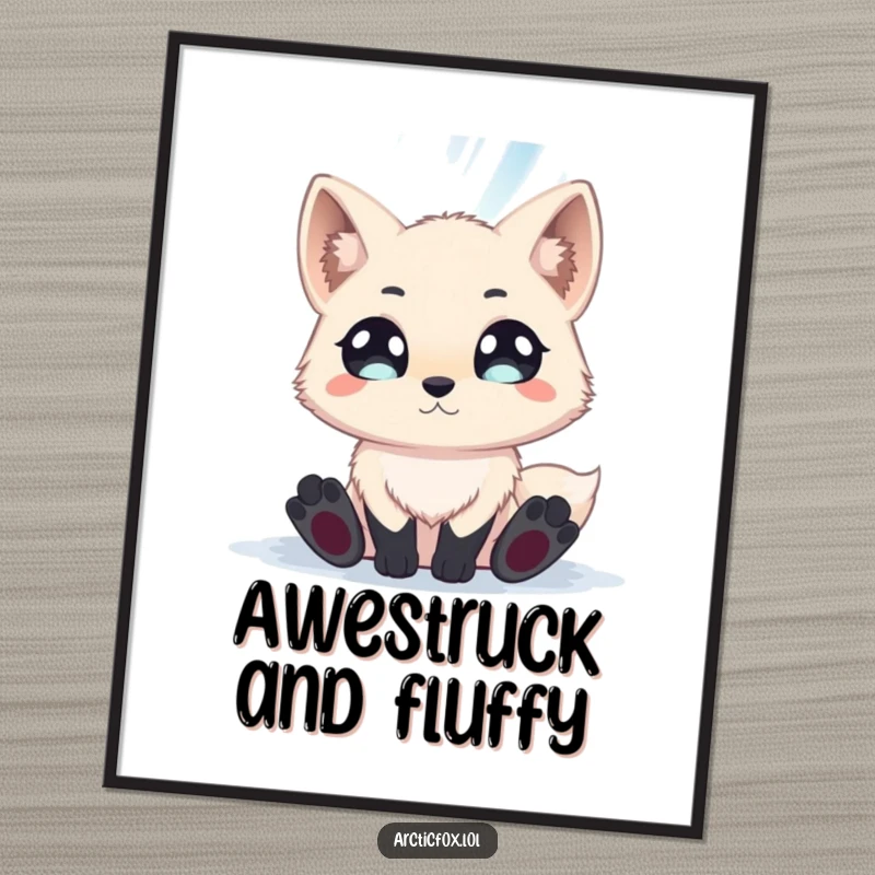 Funny arctic fox with wide eyes mesmerized by a shimmering aurora borealis, available as an instant digital art print.