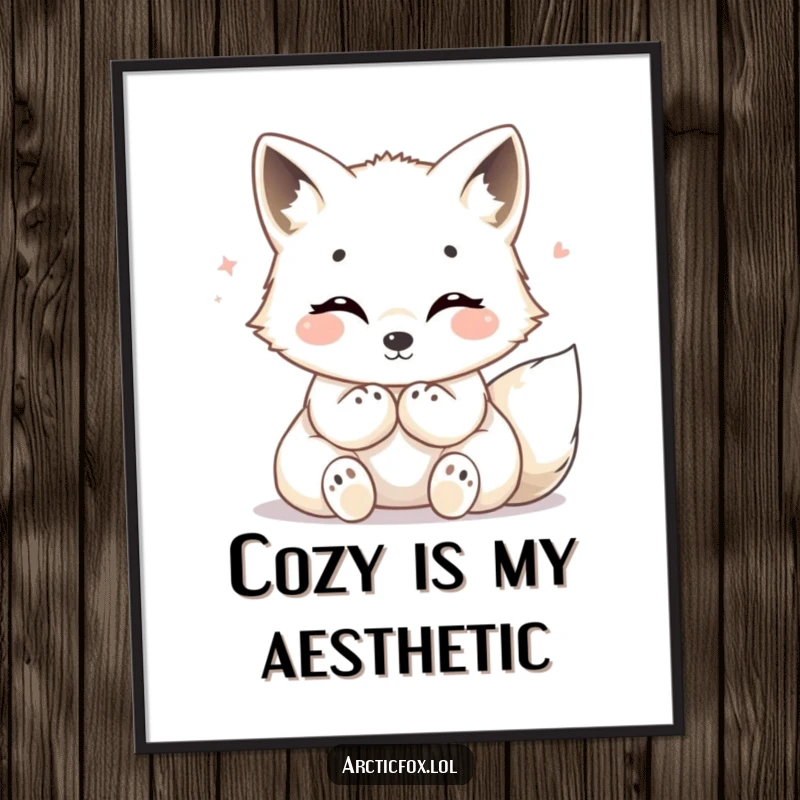 Funny Arctic fox digital art print, showing a content fox radiating cozy warmth and happiness for instant decor.
