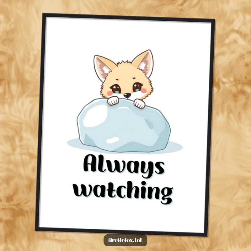 Funny Digital Art Print: Depicts a curious arctic fox with wide eyes peeking from behind an icy boulder, offering instant humorous charm.