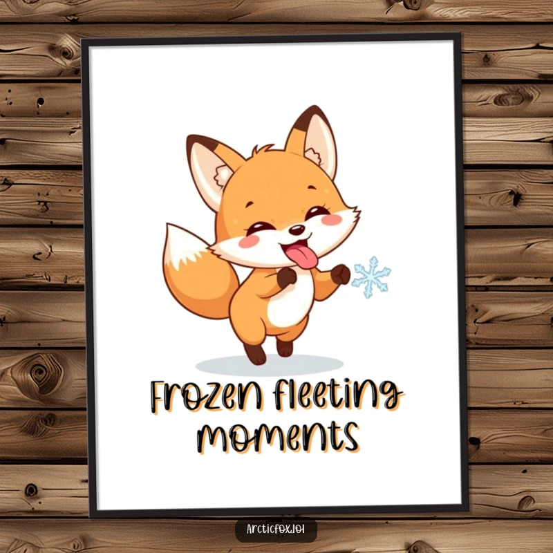 Funny digital art print of a fox character with its tongue out, enthusiastically chasing a snowflake, pure winter joy captured.