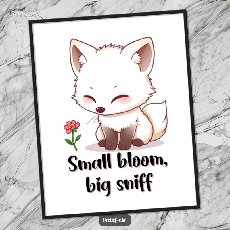 Funny kawaii arctic fox curiously sniffing a tiny single bloom, available as a downloadable digital art print.