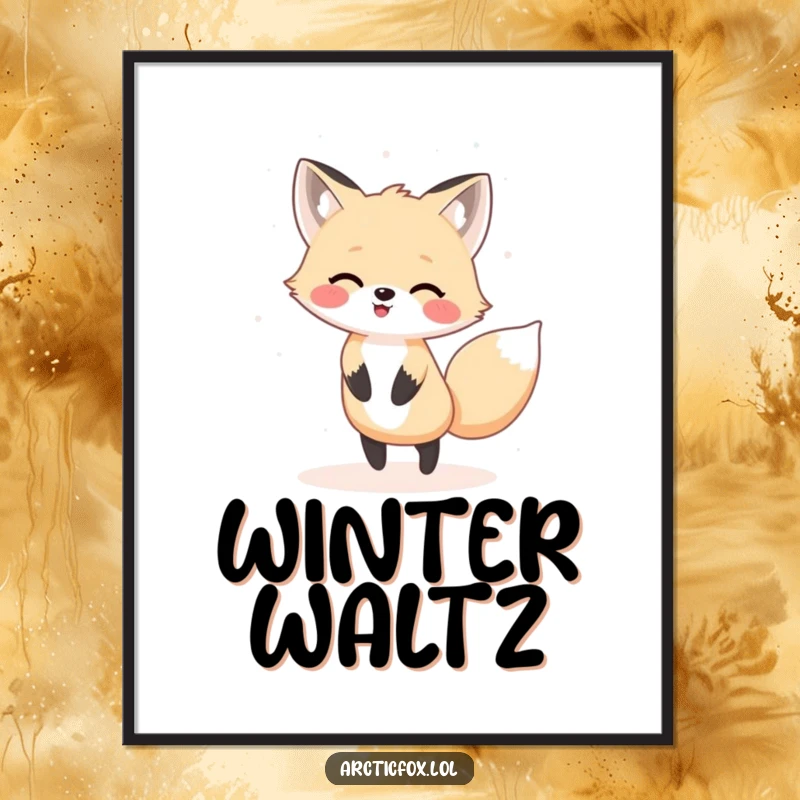 Funny Kawaii arctic fox happily dancing in a gentle snow flurry, digital art print.