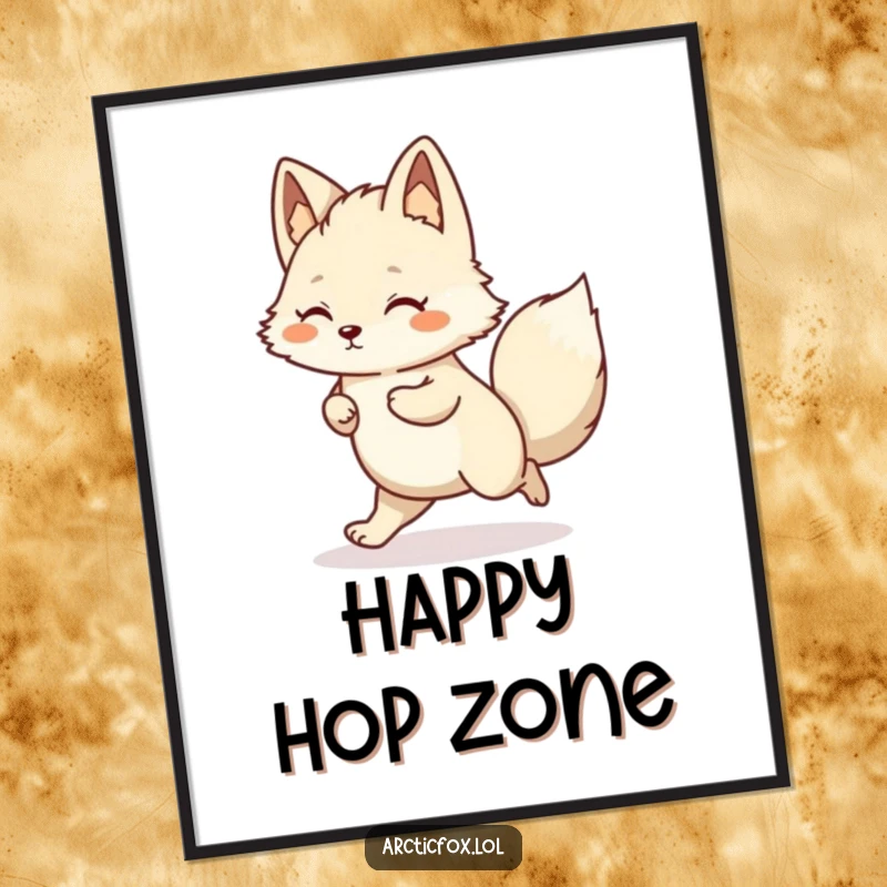 Funny Kawaii Arctic Fox Digital Art Print showing a happy little hop, conveying joy and humor.