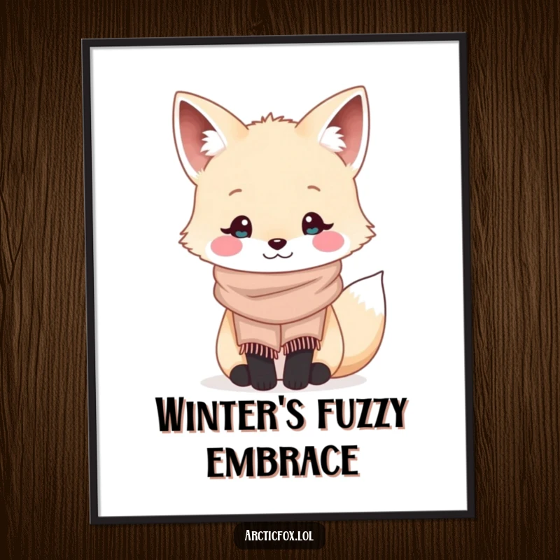 Funny kawaii arctic fox wearing a tiny cozy scarf and smiling, available as a downloadable digital art print.
