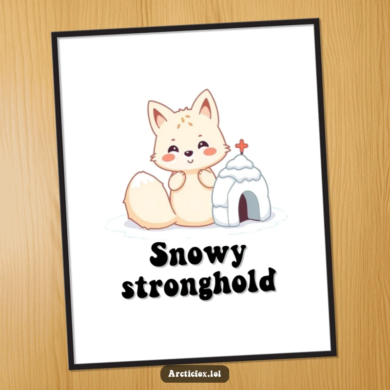 Funny Kawaii arctic fox building a small, perfect snow fort, digital art print.