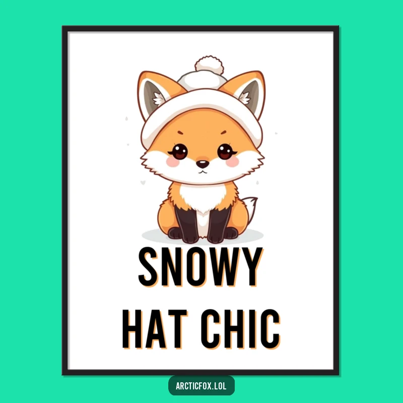 Funny Kawaii Arctic Fox Snowball Hat Digital Art: Winter Charm, Perfect Gift!