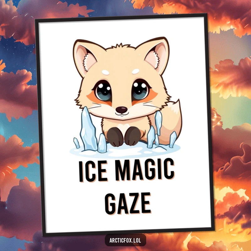 Funny Arctic fox digital art print, wide curious eyes, looking at falling icicles, instant download, whimsical and inspiring.