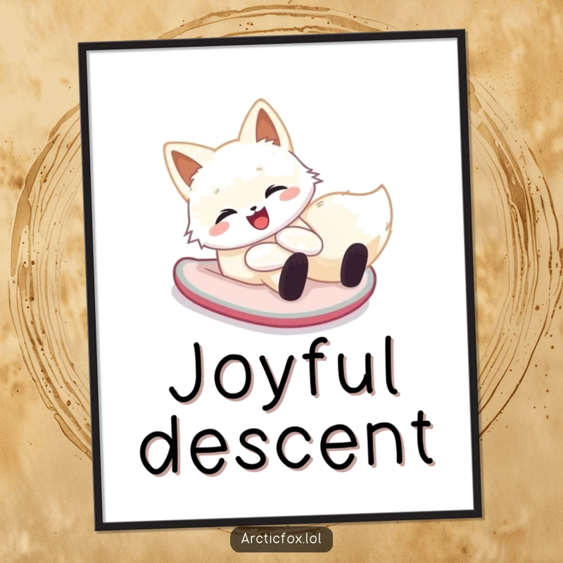 Funny arctic fox digital art print featuring a happy creature sliding down a snowy hill on its belly, perfect for instant winter joy.