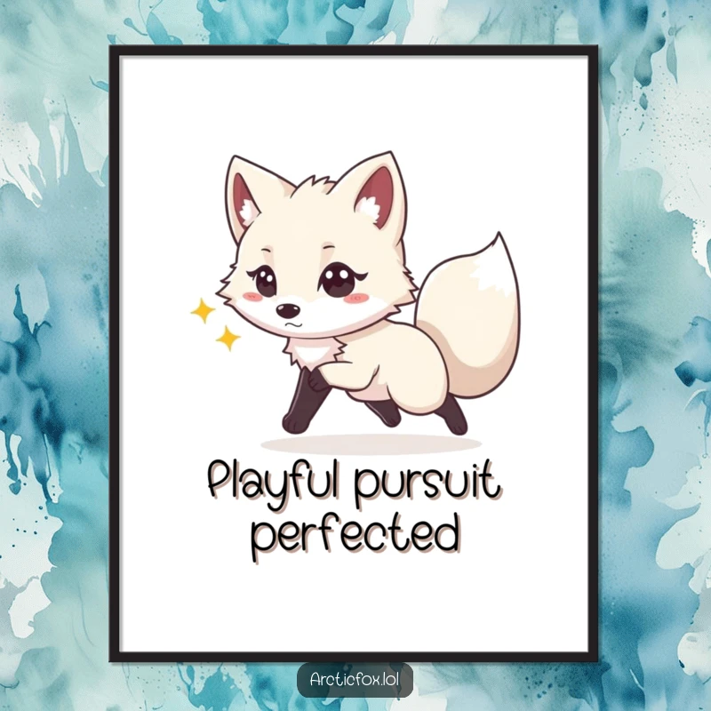 Funny digital art print of a playful Arctic fox with sparkling eyes, joyfully chasing its tail, bringing energetic fun to any room.
