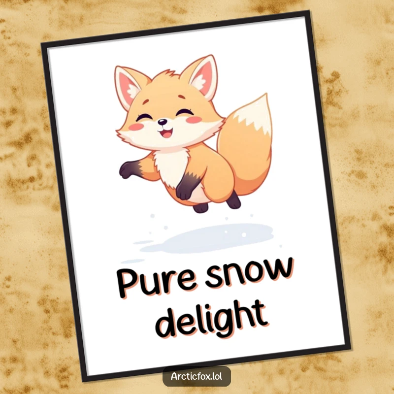 Funny Kawaii Arctic Fox Digital Art: High-resolution art of a white fox joyfully jumping high in fresh snow, ready for digital display.
