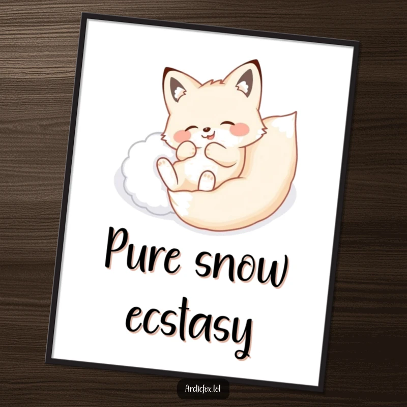 Funny digital art print of a happy arctic fox gleefully rolling onto its back in a pile of soft, deep, fluffy snow.