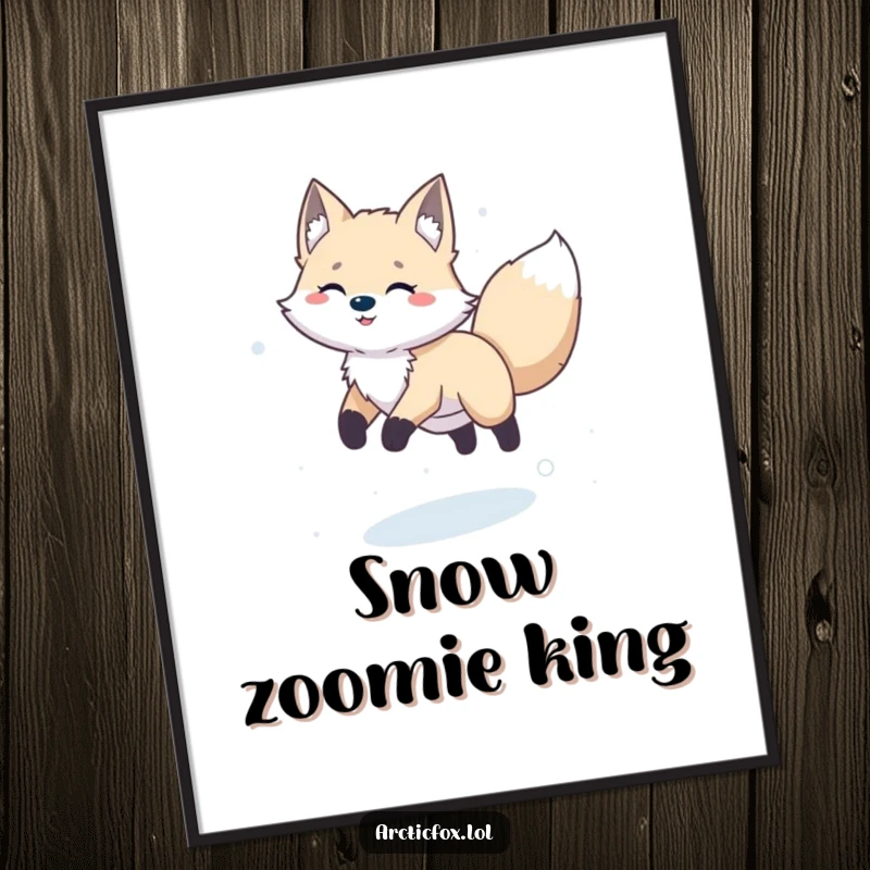 Funny happy arctic fox captured in a joyful leap across the snow, available as an instant digital art print.