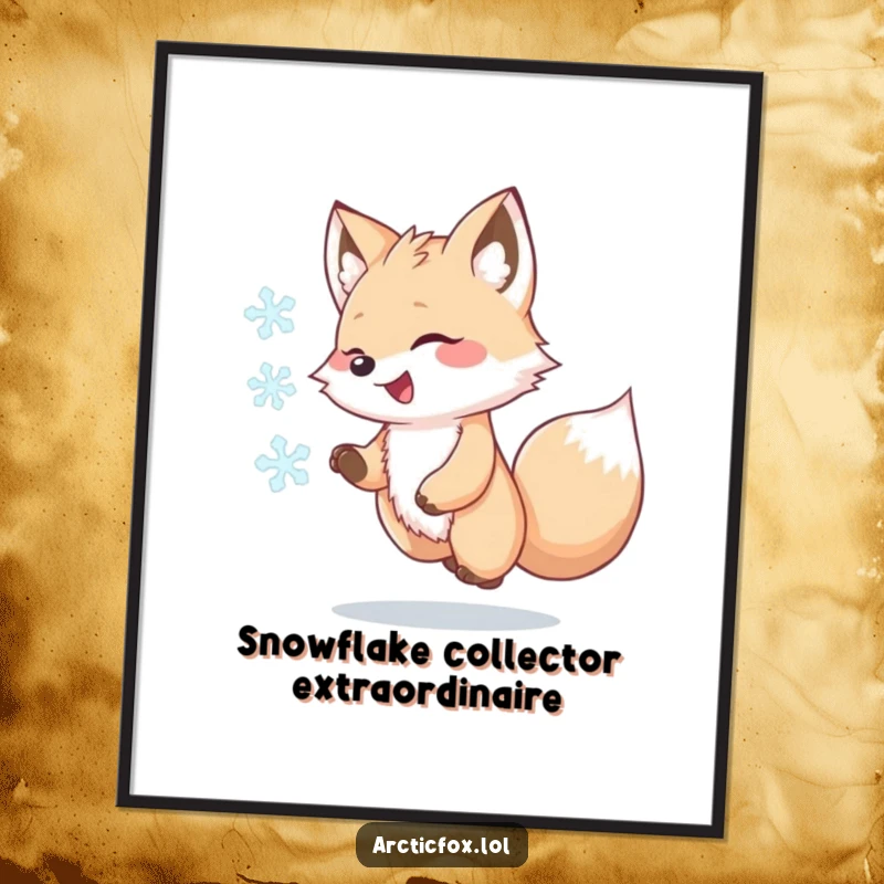 Funny Kawaii Arctic Fox Digital Art Print, joyfully chasing a swirling snowflake, instant download wall decor, humorous arctic animal illustration, great funny gift idea