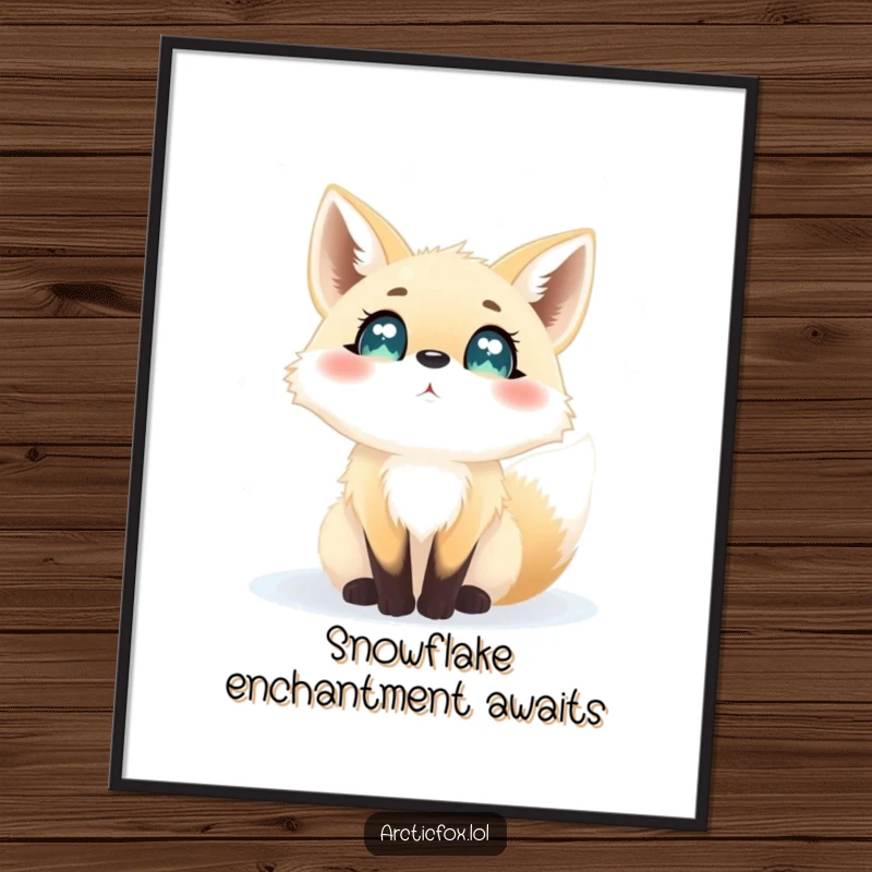 Funny digital art print of an arctic fox with wide, captivated eyes, observing the soft, gentle fall of snowflakes.