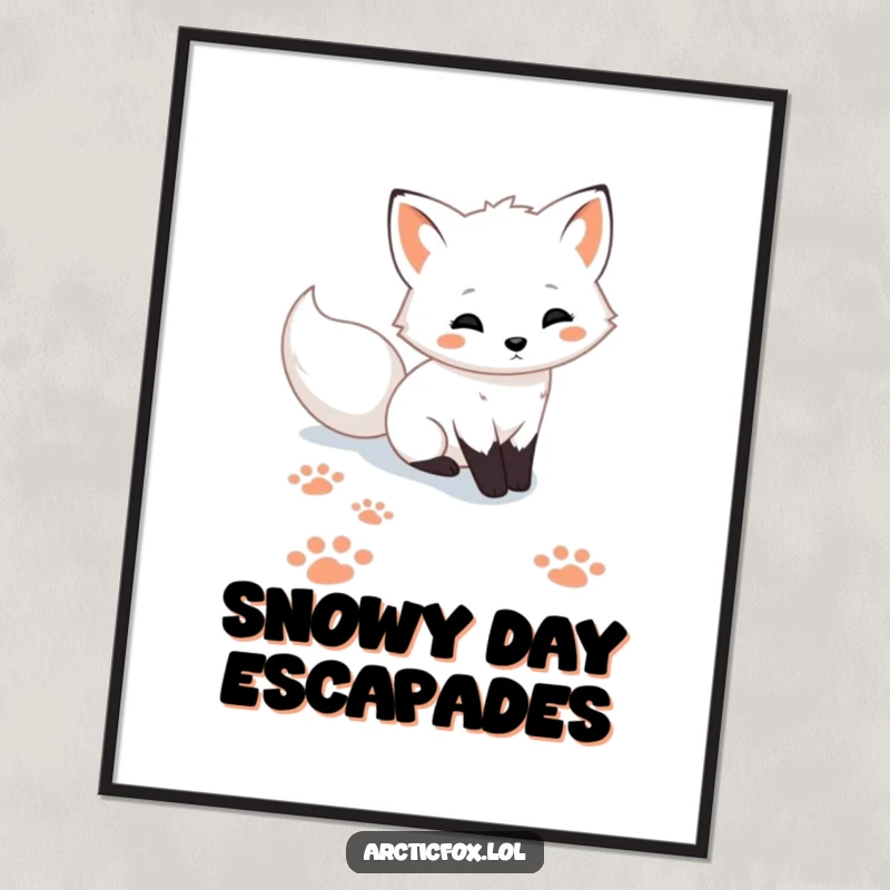 Funny cute Arctic fox digital art print, showing playful paw prints in the snow, offering instant charming arctic decor.