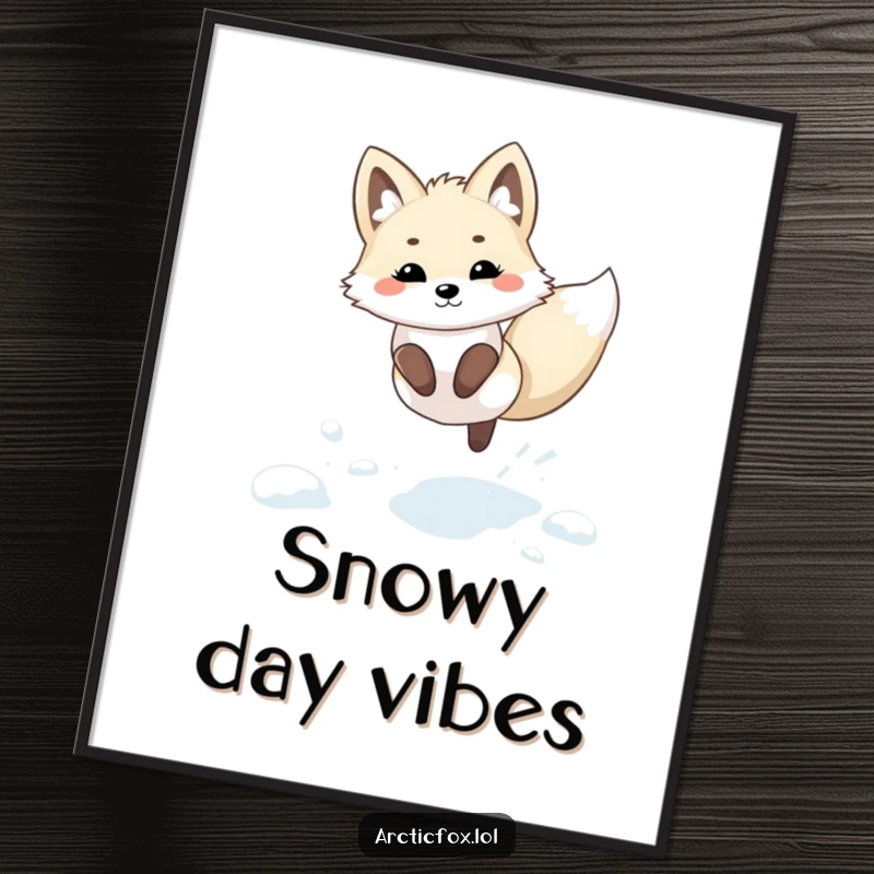 Funny Kawaii Arctic Fox Digital Art: A cute, kawaii artwork of an arctic fox leaping playfully through fresh, powdery snow.